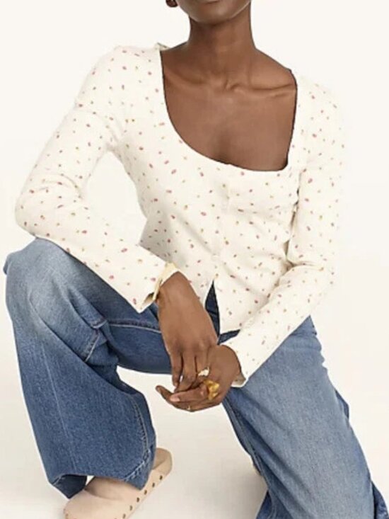 J.CREW SCOOPNECK RIBBED CARDIGAN TOP IN ROSEBUD PRINT - Picture 2 of 4